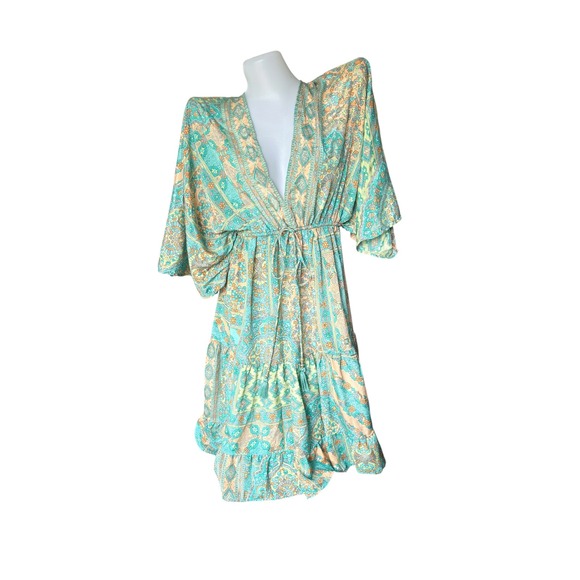 boho Miami Dresses & Skirts - Silk Blend Plunging Mini Dress Aqua Paisley Kimono One Size Boho Miami V-neck